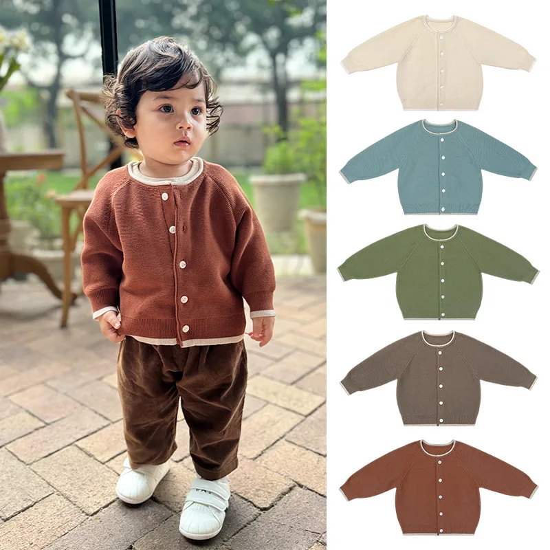 

2024 Baby Autumn Color Blocking Retro Western Style Knitted Cardigan Children's Top Baby Sweater Jacket