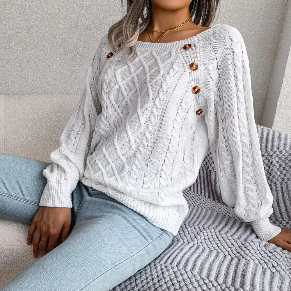 Women's Sweater Square Neck Long Sleeve Loose Autumn Button Decoration Casual Pullover Sweater Tops Women's Clothing