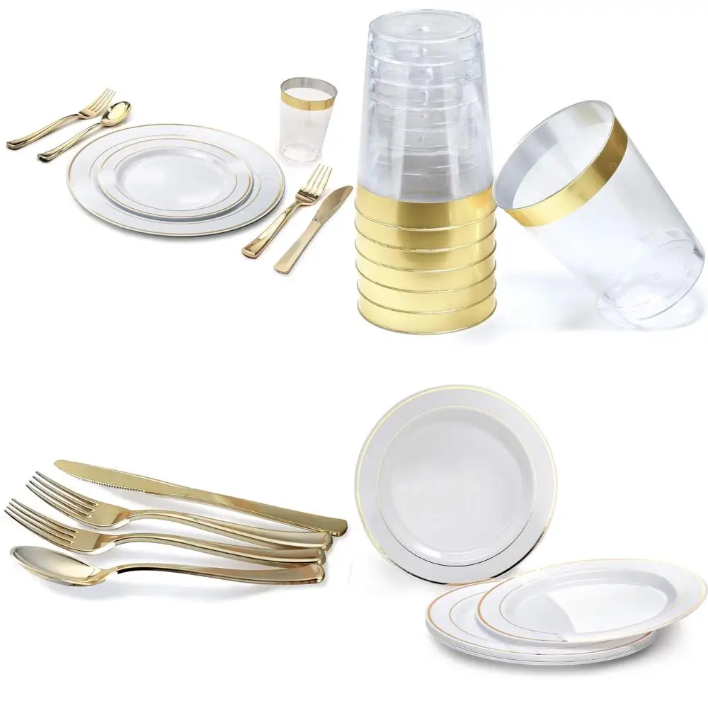 

Одноразовые свадебные тарелки и набор столовых приборов для 40 гостей — 280 предметов, стаканы с золотой оправой, белый комбинированный А, элегантное серебро