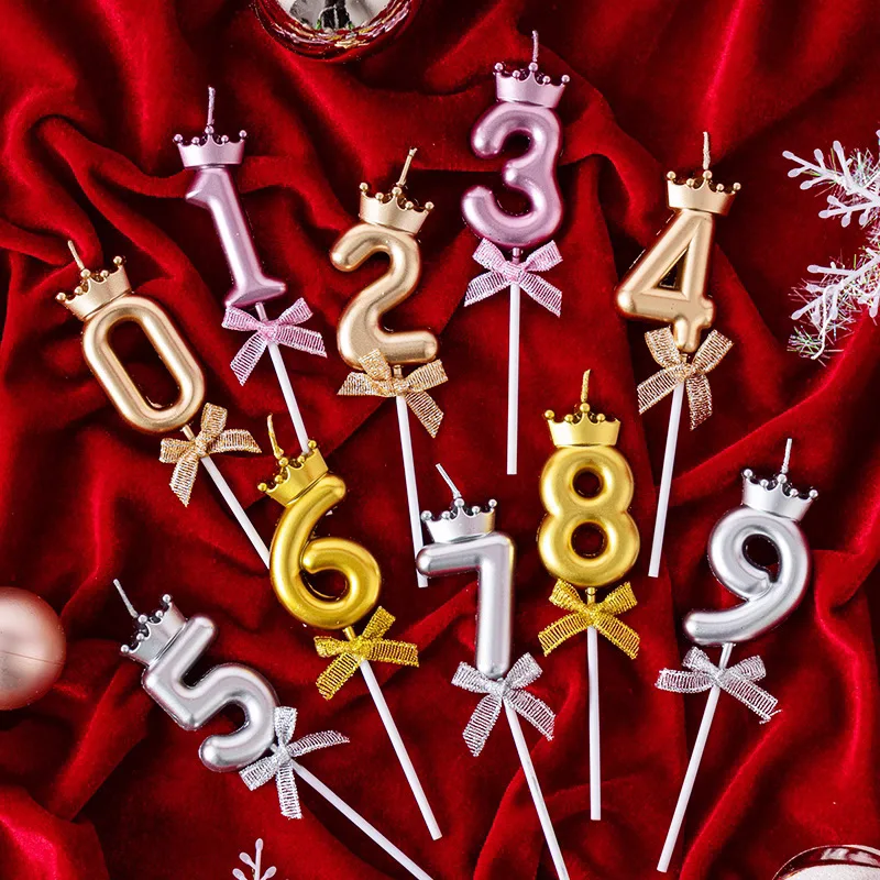 Crown Bow, Digital Candle, Champagne, Gold, Silver, Powder, Birthday Cake, 0-9 Candle Plug-in, Dessert Table Decoration