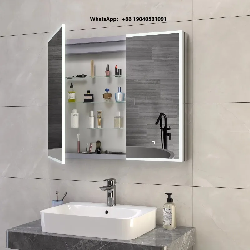 Hot Selling Defogger Touch Switch Waterproof Bathroom Cabinet with LED Mirror in Stock in the United States