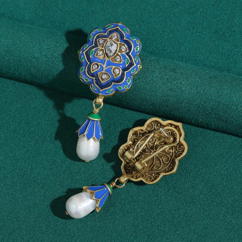 خمر الأقراط الزرقاء الكبيرة قطرة المينا اللؤلؤ زهرة قلادة اللون الفاخرة جودة مجوهرات اكسسوارات الحفلات للنساء 2025 جديد