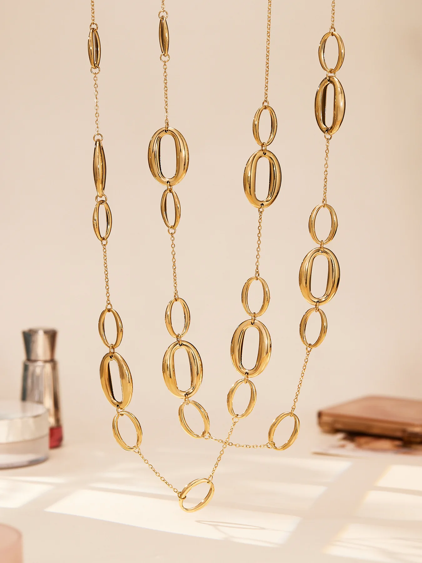 77 cm lange Gliederketten-Halsketten, 18 Karat vergoldet, wasserdicht, nicht anlaufend, Pulloverketten-Halskette aus Edelstahl für Damen – Detail 8