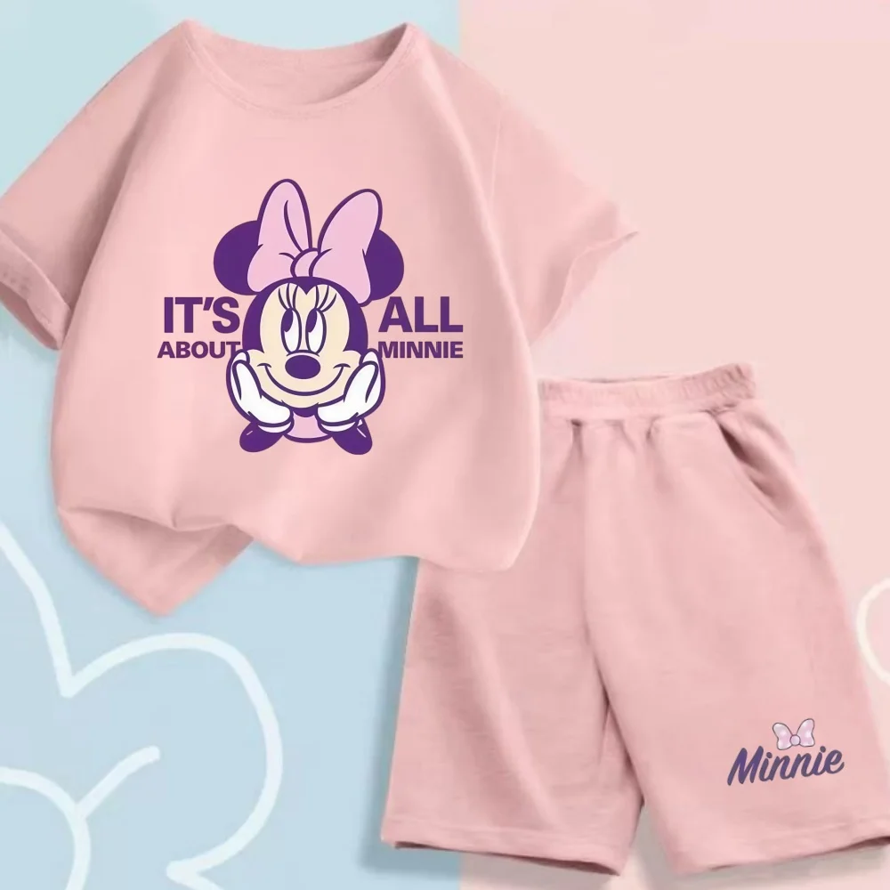 

Летний комплект одежды для маленьких девочек, детские футболки и шорты с Минни Диснея для девочек, костюм из 2 предметов, детская одежда с короткими рукавами и верхней частью нижней части