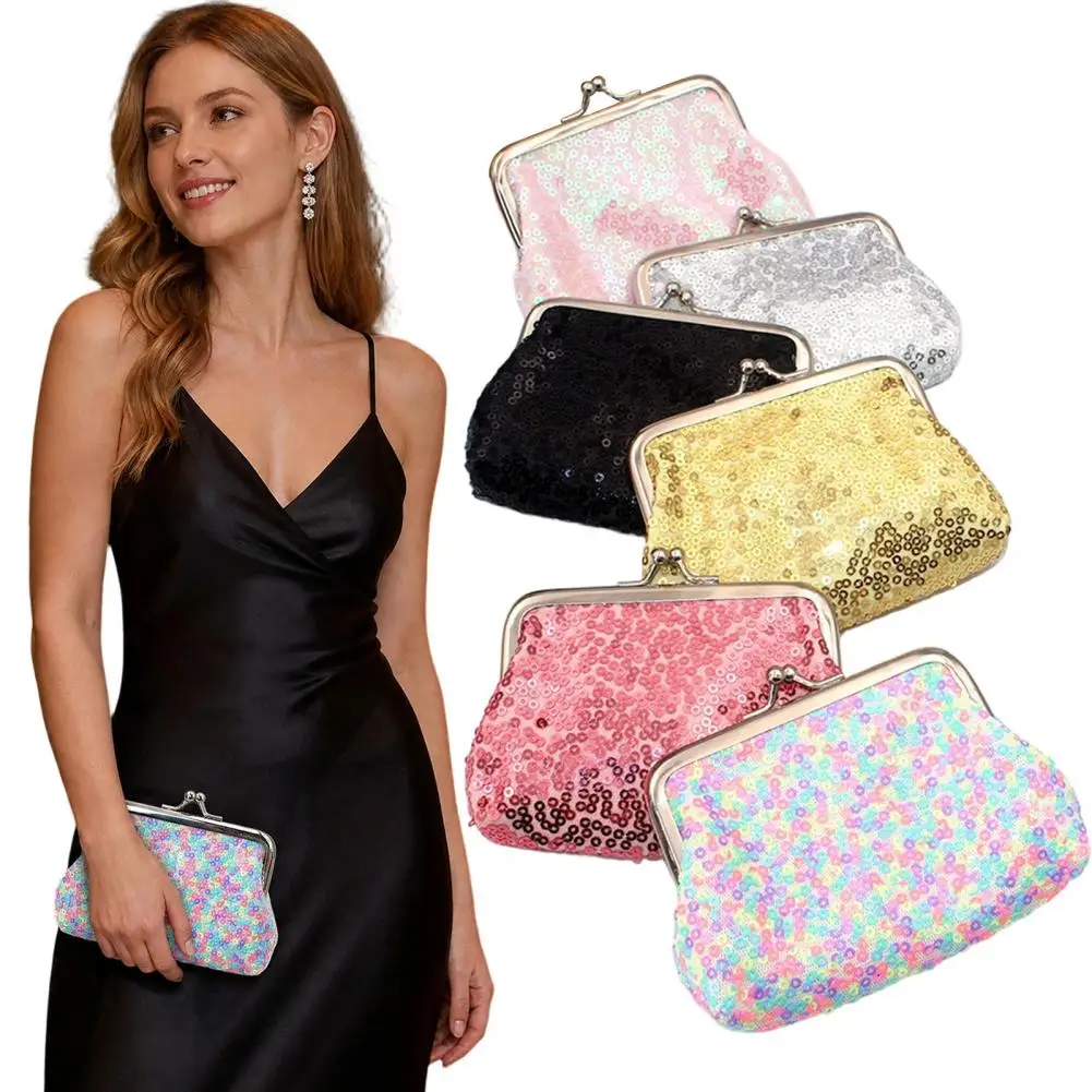 Multi-use Small Bag Women’s Coin Purse with Metal Hinge Kiss-lock Lightweight Mini Wallet with Sequined Glitter for Cards