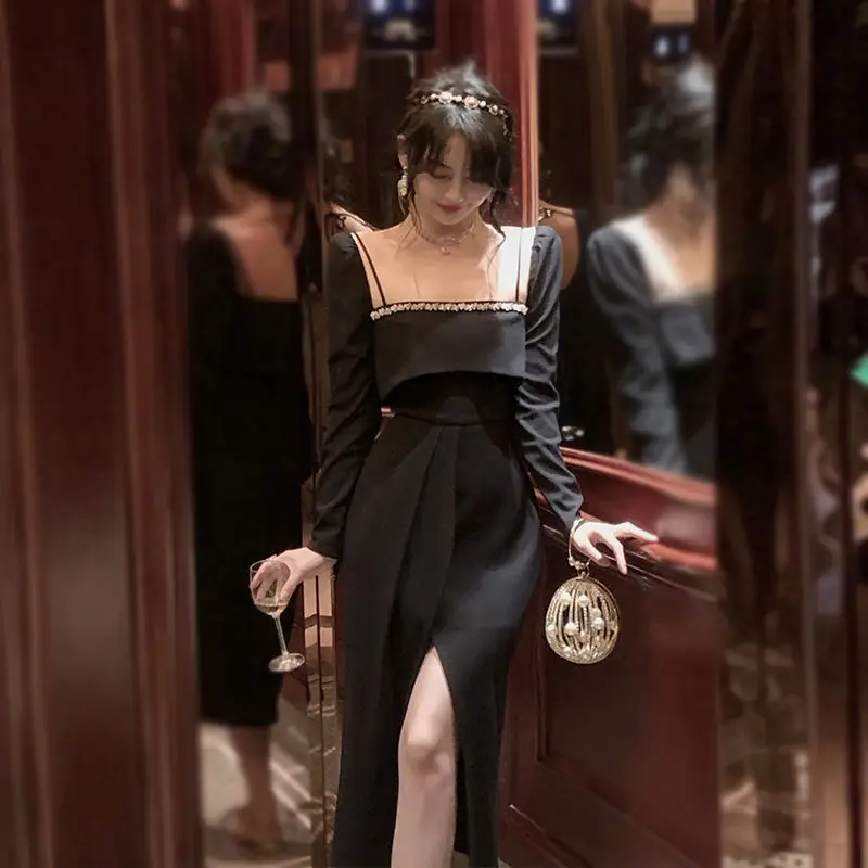 Autumn Black Hepburn Vintage Dress Women Sexy Split Party Midi Dress Female Casual Korean Fashion Elegant One Piece Dress 2022