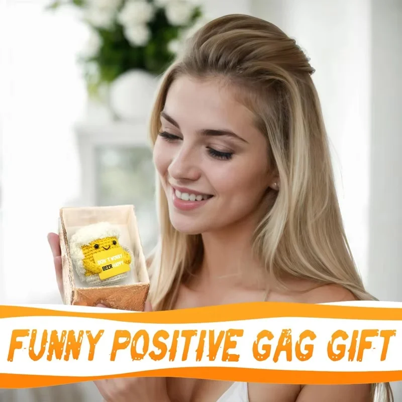 Handmade Crochet Emotional Support Plush Doll Funny Coffee/Beer Mug Figure With Card Desktop Ornament Home Birthday Holiday Gift