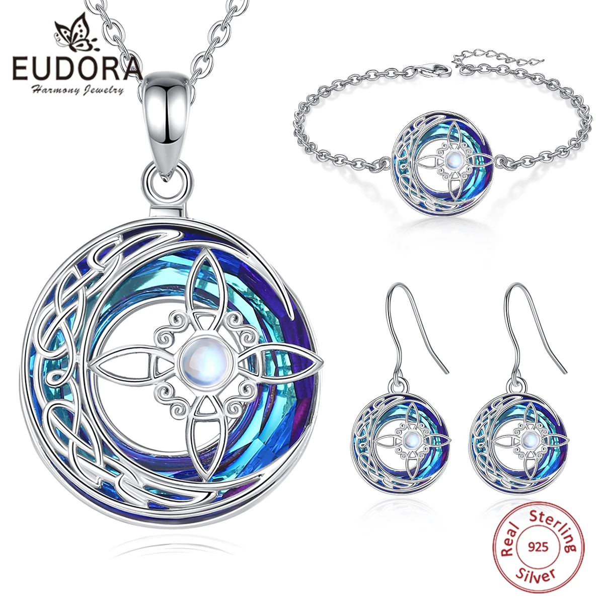 Eudora 925 Sterling Silver Witch Knot Adjustable Ring & Necklace & Bracelet Austrian Crystal Witchcraft Amulet Jewelry Set Gift