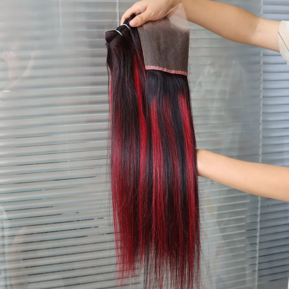 الجملة عذراء الشعر البشري النسيج حزم مع الدانتيل الشفاف إغلاق أمامي أومبير البيانو اللون تسليط الضوء على 1B بورغ لحمة حمراء