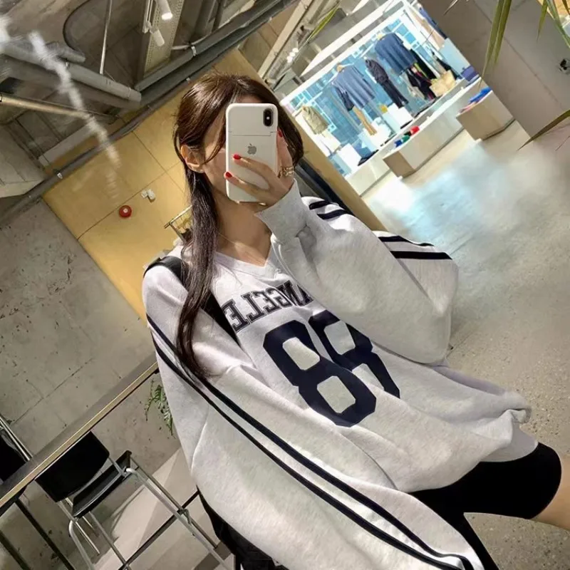 

Loose Fit Lazy Sle Sweatirt V-Ne Printed Patchwork Slimming Women's Korean Sle Knitwear Casual Streetwear