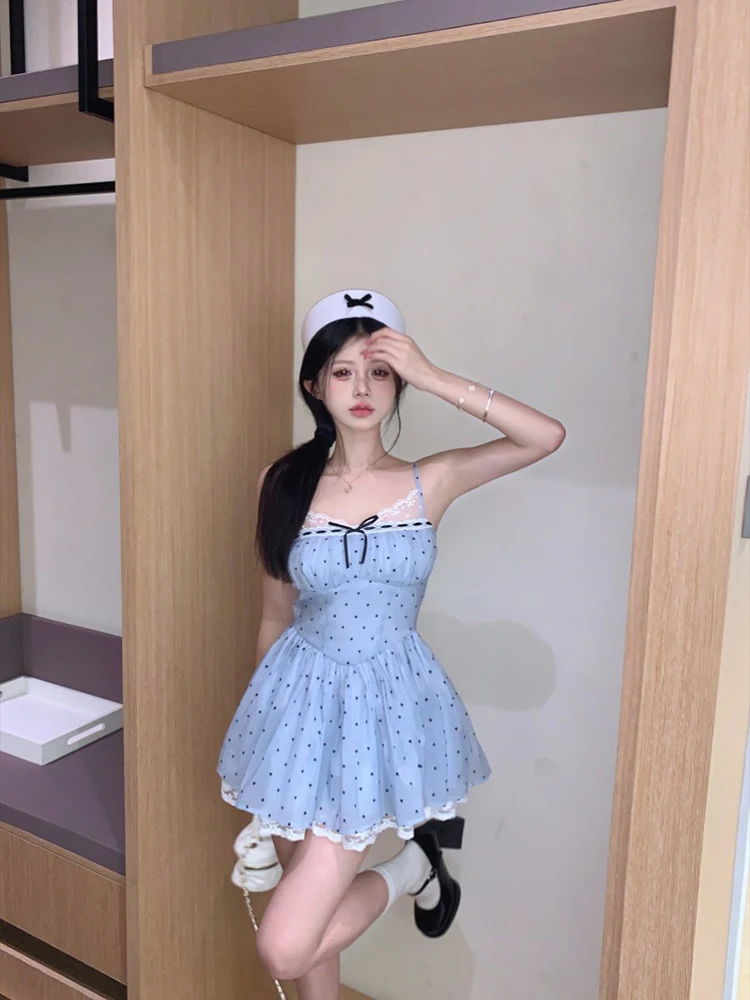 Bow tie lace polka dot suspender dress for women\'s summer French sweet short blue waist A-line Dress 2024 New