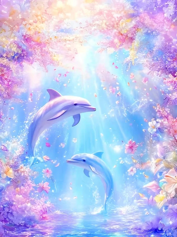 quebra-cabeca-de-golfinho-com-moldura-floral-pastel-sonhadora-decoracao-de-casa-com-flores-oceanicas-em-rosa-e-roxo-presente-exquisito