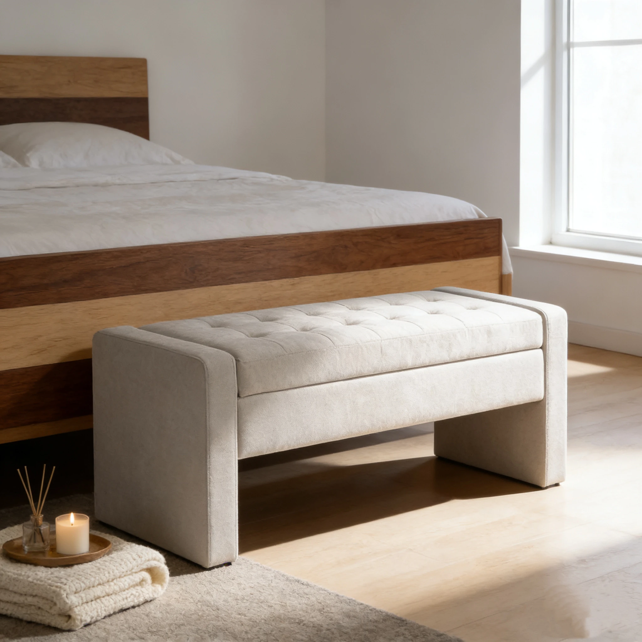 Modern Upholstered Storage Bench Tufted Seat Fabric Ottoman For Hotel Entryway Living Room Foldable Durable Soft Bench Decor