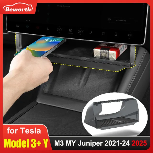 Schowek pod ekran do Tesli Model Y Juniper 2025 Model 3 Highland 2024, ukryty organizer w konsoli środkowej za ekranem