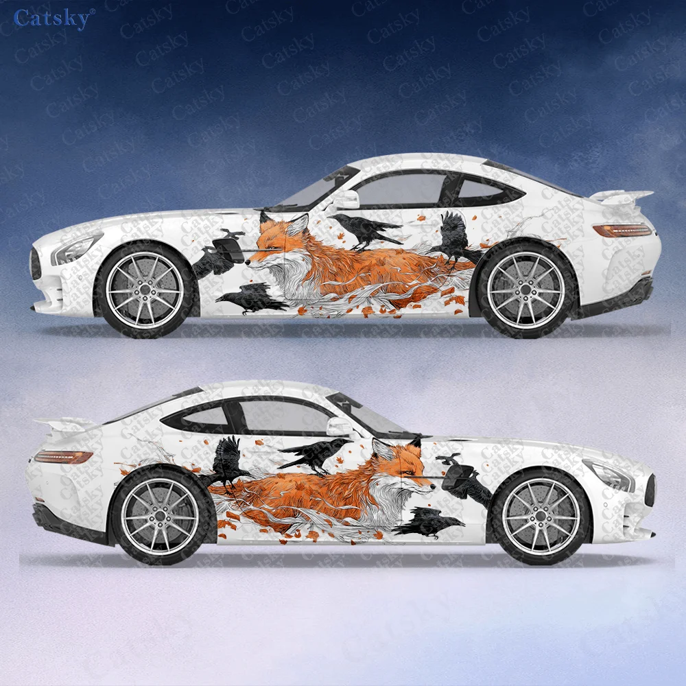 

2 шт. наклеек на боковые части автомобиля с изображением девятихвостой лисы и вороны, самоклеящиеся, из ПВХ, водонепроницаемые и устойчивые к царапинам, модные декоративные наклейки