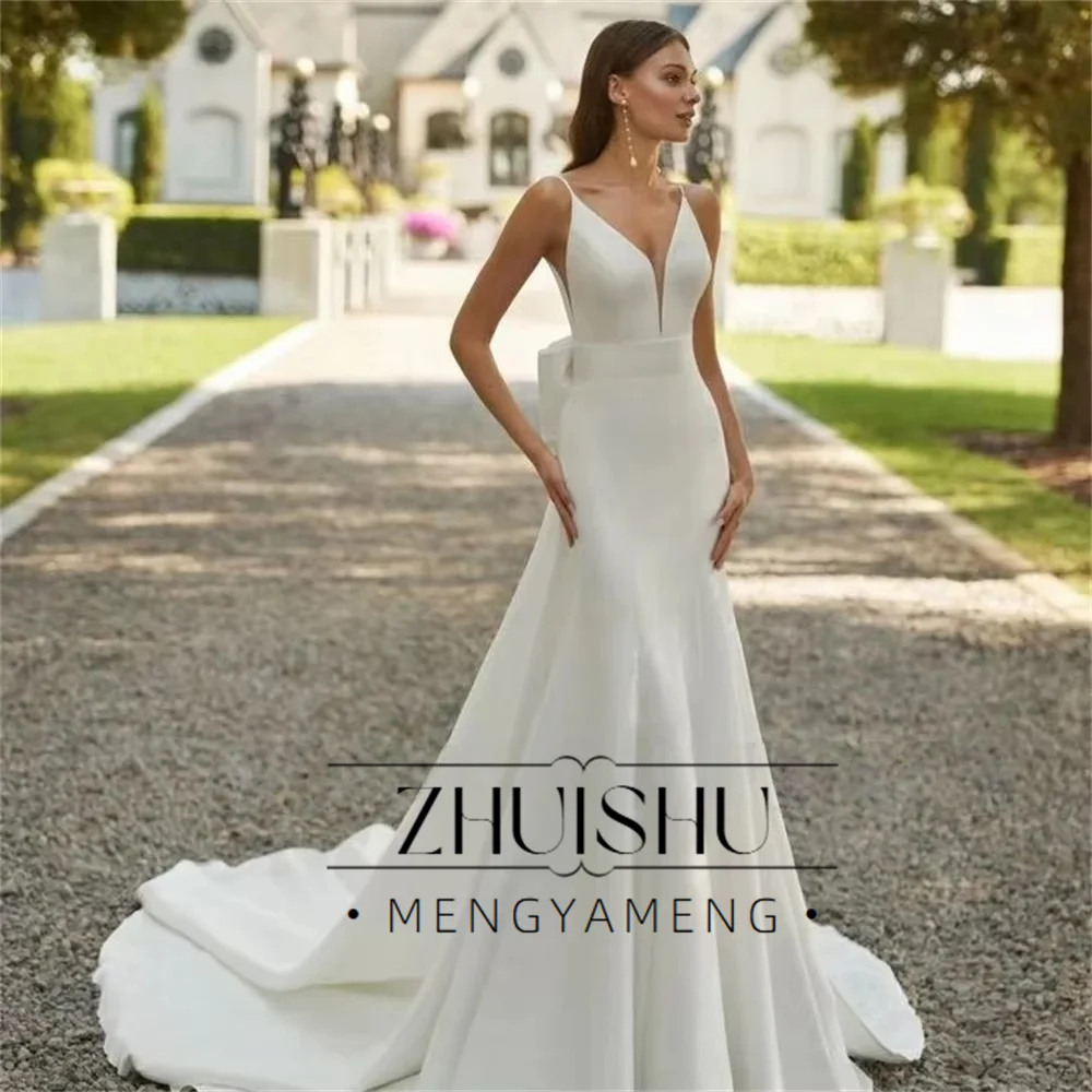 ZHUISHU エレガントなアイボリーマーメイドウェディングドレス ディープVネック ノースリーブ ブライダルガウン フロア丈 プリーツ サテン カスタマイズ スイープトレイン