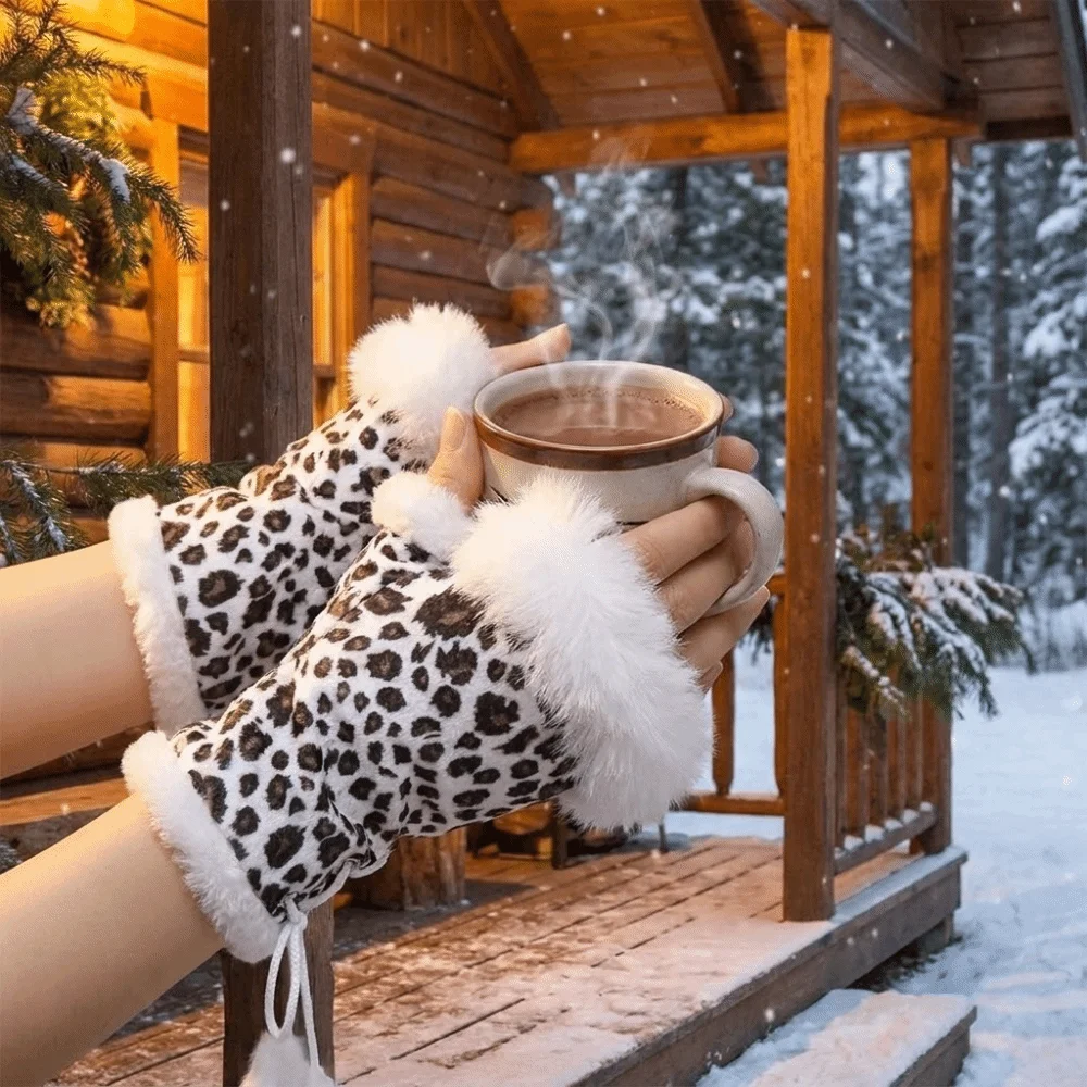 Fashion Suede Leopard Print Gloves Thicken Warm Fingerless Mittens Soft Stretch Windproof Wrist Warmers Christmas