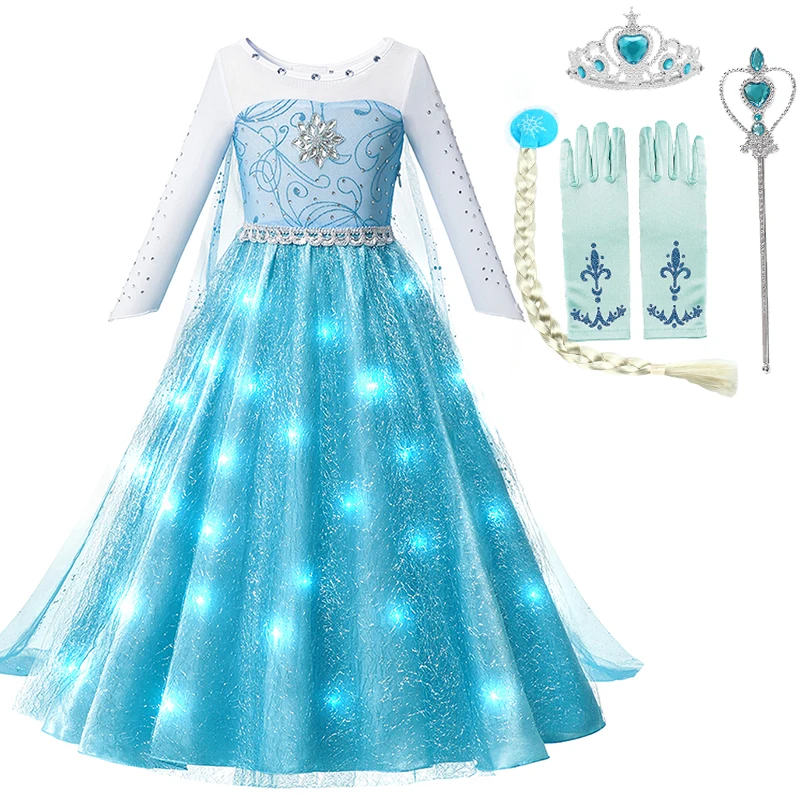 2024 gaun cahaya LED Ratu Salju Elsa Frozen 2 gaun Cosplay anak perempuan gaun pesta Prom jubah pakaian bermain gaun putri Elsa