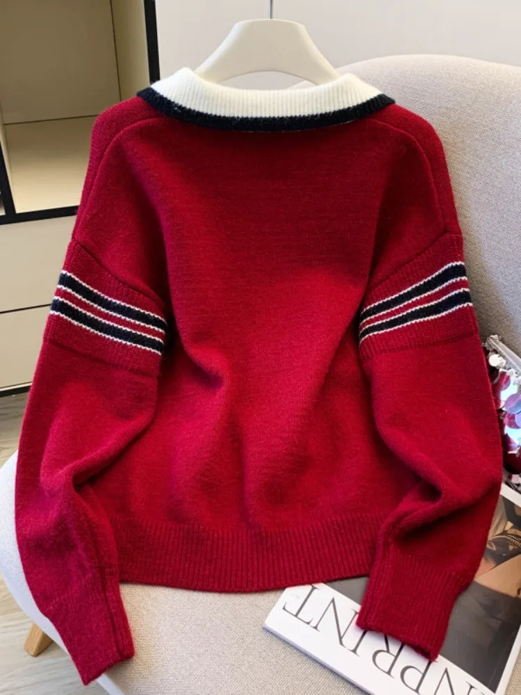 فضفاضة تناسب اللون بلو تريكو طوق وهمية قطعتين المرأة سترة الخريف جديد Sle كلية Sle محبوك