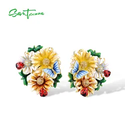 SANTUZZA 925 Genuine Sterling Silver Earrings For Women Yellow Stones Champagne CZ  Flower Cluster Butterfly Fine Jewelry Enamel