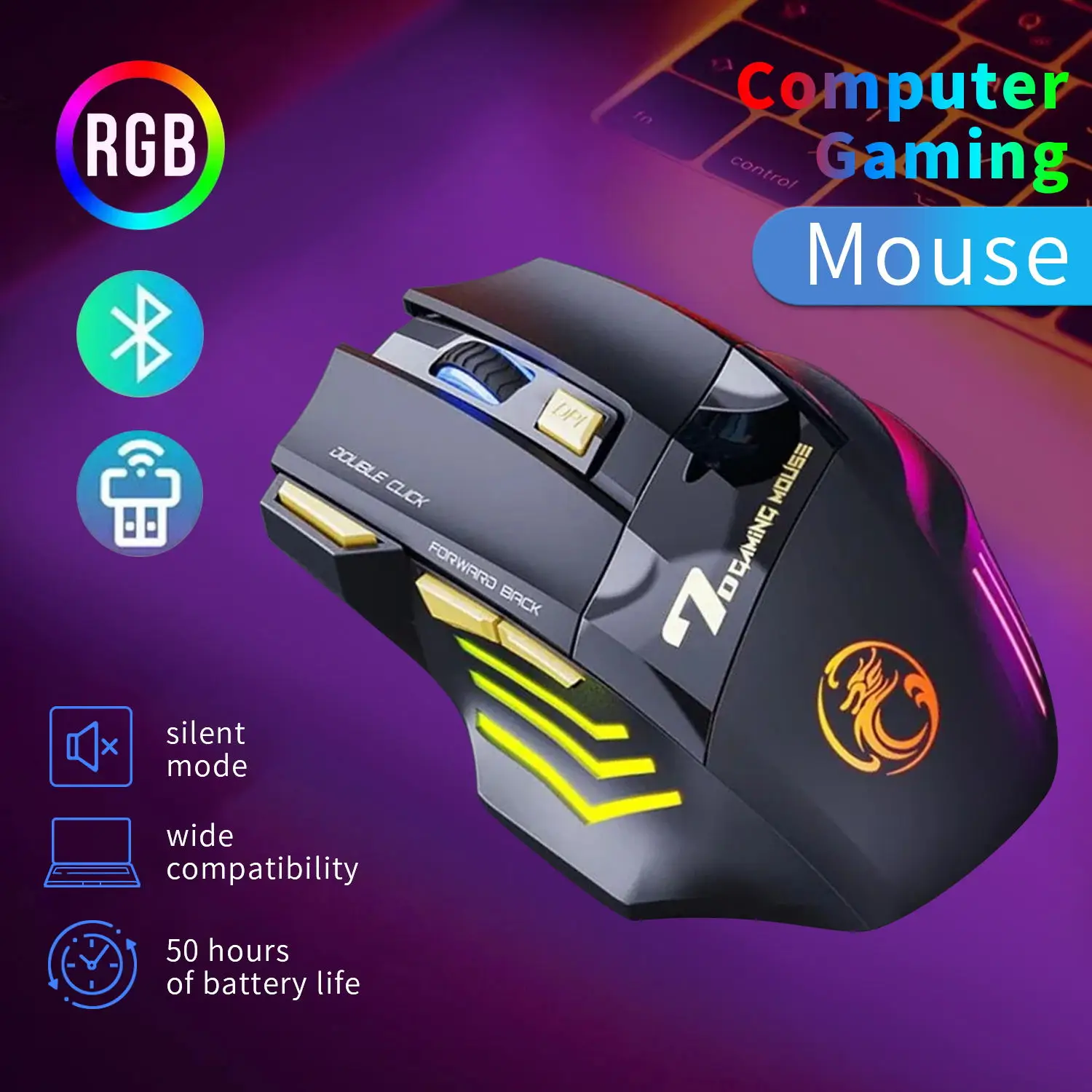 Ratón inalámbrico con Bluetooth para ordenador portátil, recargable, portátil, silencioso, ergonómico, retroiluminación RGB, Gamer, PC