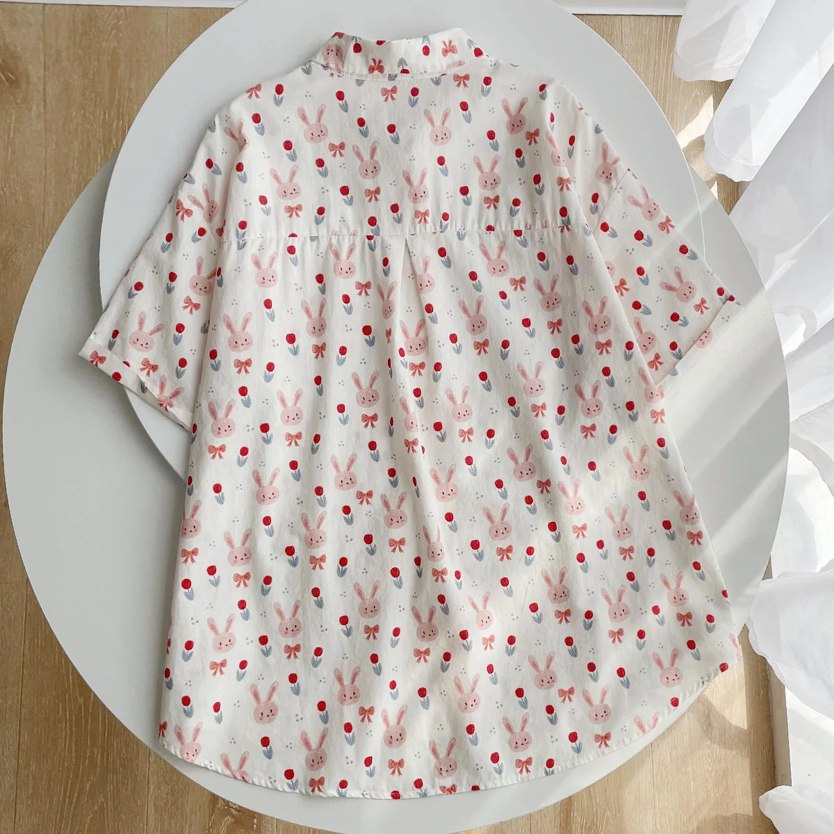 Summer Short Sleeve Shirts Women\'s Round Collar Rabbit Print Casual Blouses Single Breasted Thin Loose Tops New 2023 T35444M