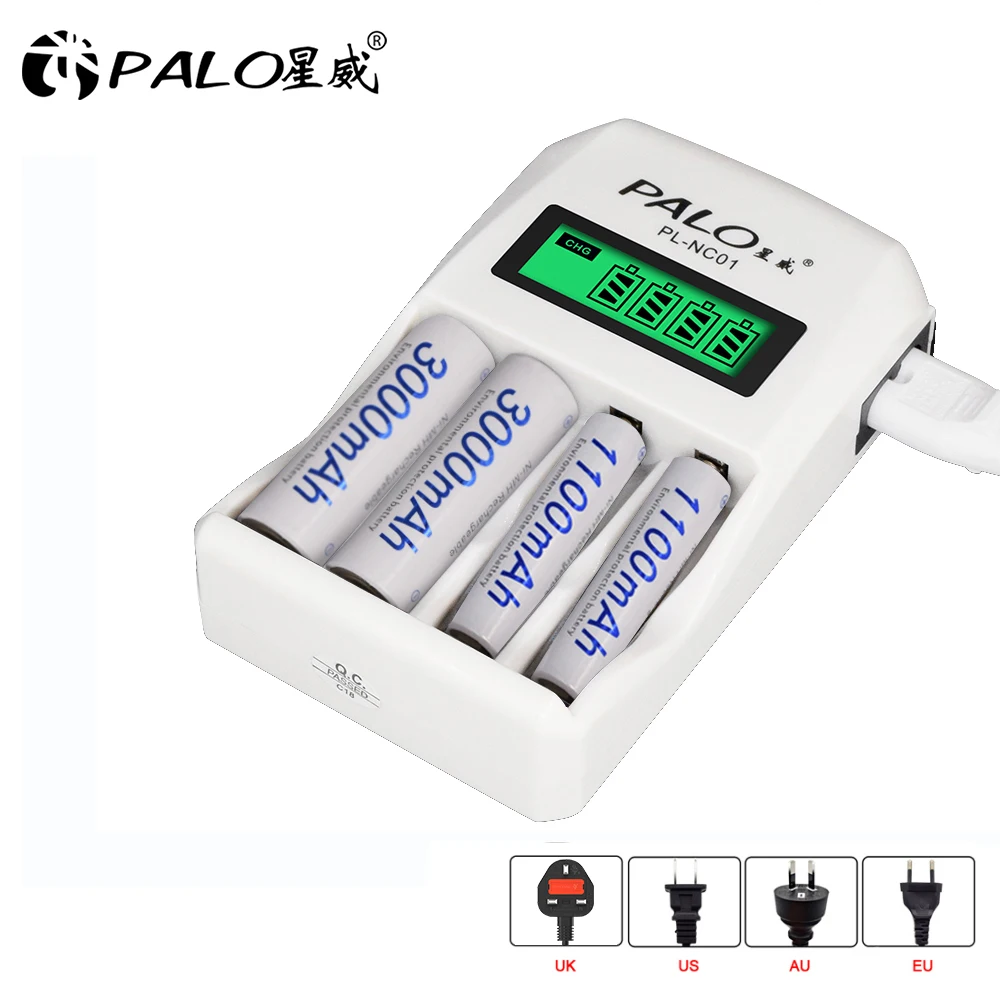 

PALO LCD Smart Battery Charger For 1-4pcs 1.2V AAA AA NIMH Rechargeable Batteries 1.2V 2A 3A Battery Charger Fast Charger