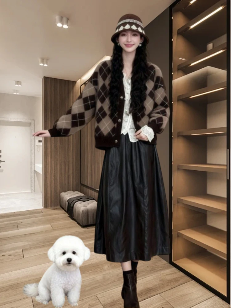 

Корейский стильный вязаный кардиган с ромбовидным узором, женский повседневный свободный свитер, комплект для весны и осени, мягкий и удобный