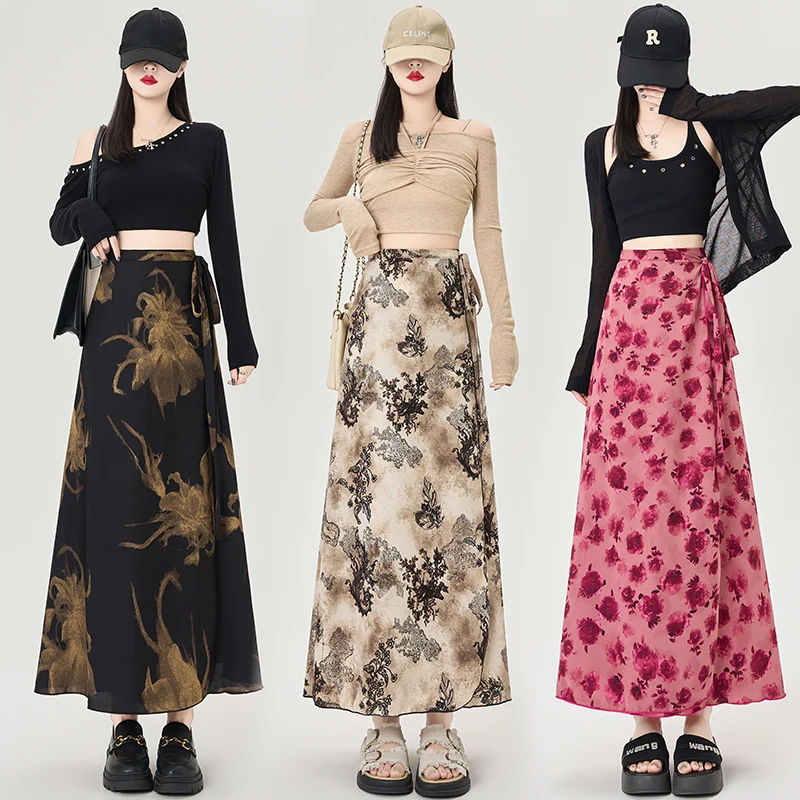 Saia impressa irregular fenda traseira hip-pack saias de cintura alta elegante longo roupas femininas designer 90s roupas vintage 2000s