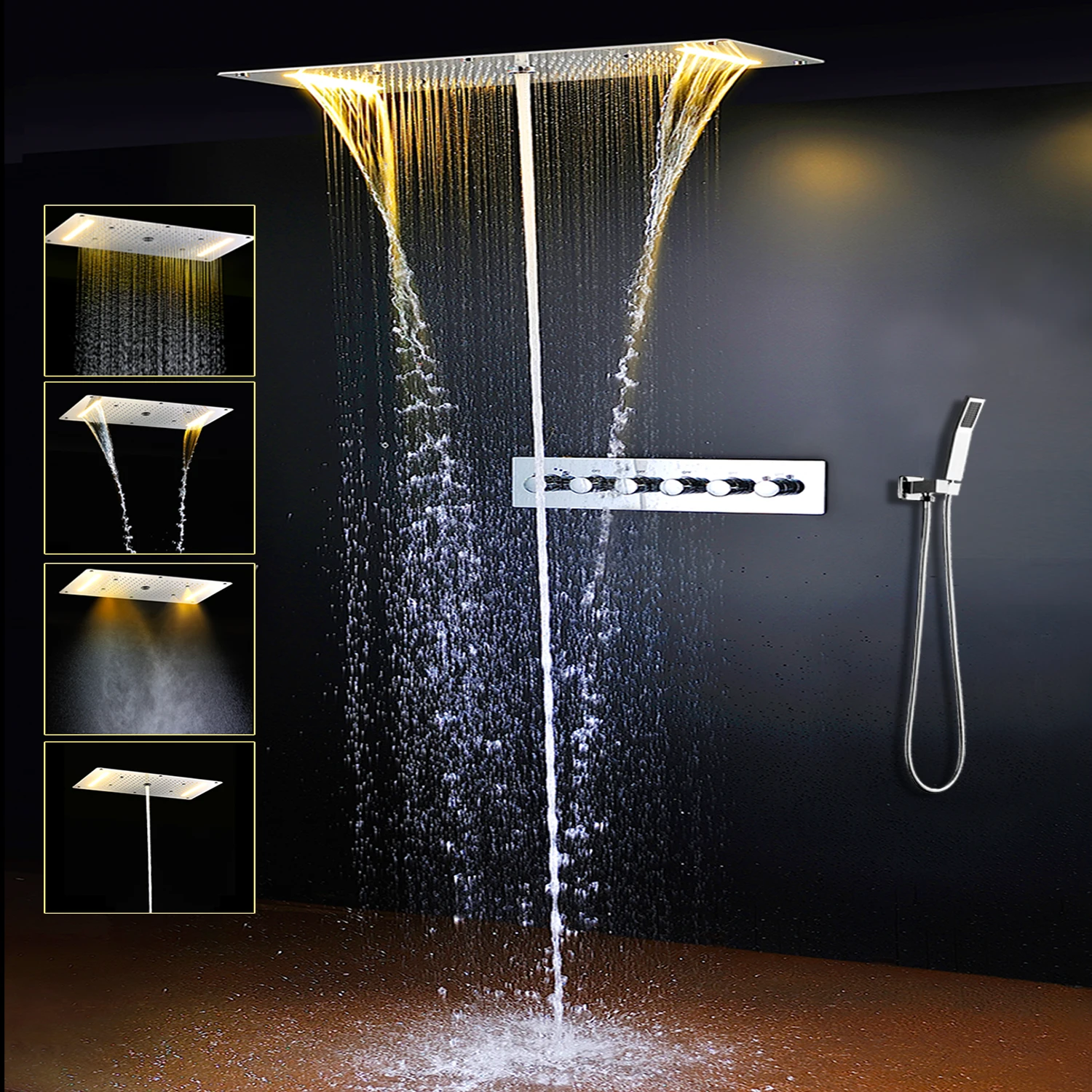 

Luxury Bathroom Shower Spray Waterfall Rain Shower Head Chrome 380X700MM Ceiling LED Shower Thermostatic Mixer Faucet Set