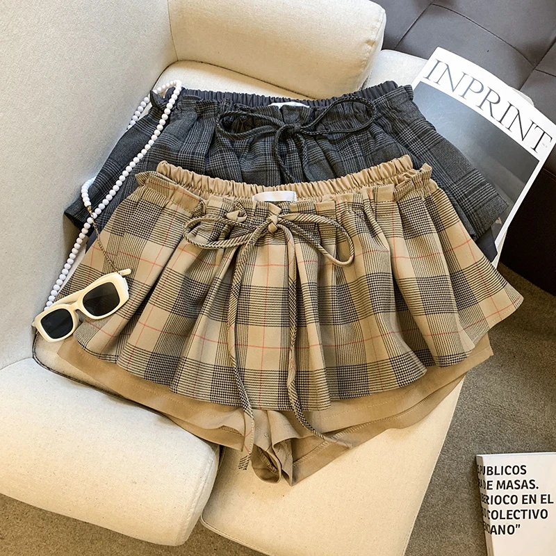 Casual Sexy Mini Skirt Women Summer Preppy Plaid Lace Up Patchwork Hottie Skirts Vintage Y2K Streetwear A Line Female Skirt New