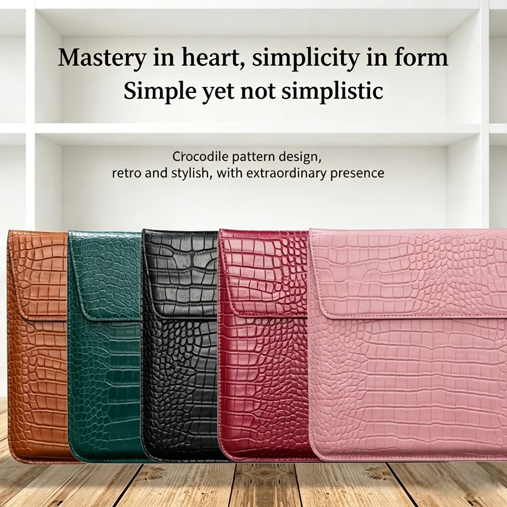 11 13 15 Inch Crocodile Pattern Laptop Bag, Lightweight PU Leather Horizontal Sleeve for MacBook Pro Air Lenovo, Black Brown