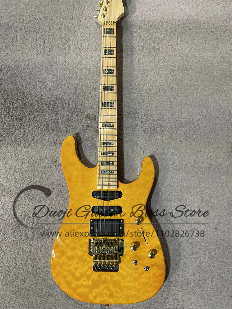 

Yellow Electric Guitar Jack Guitar Squilted Maple Top Tremolo Bridge Close Pickup Maple Fingerboard Abalone shell Mosaic