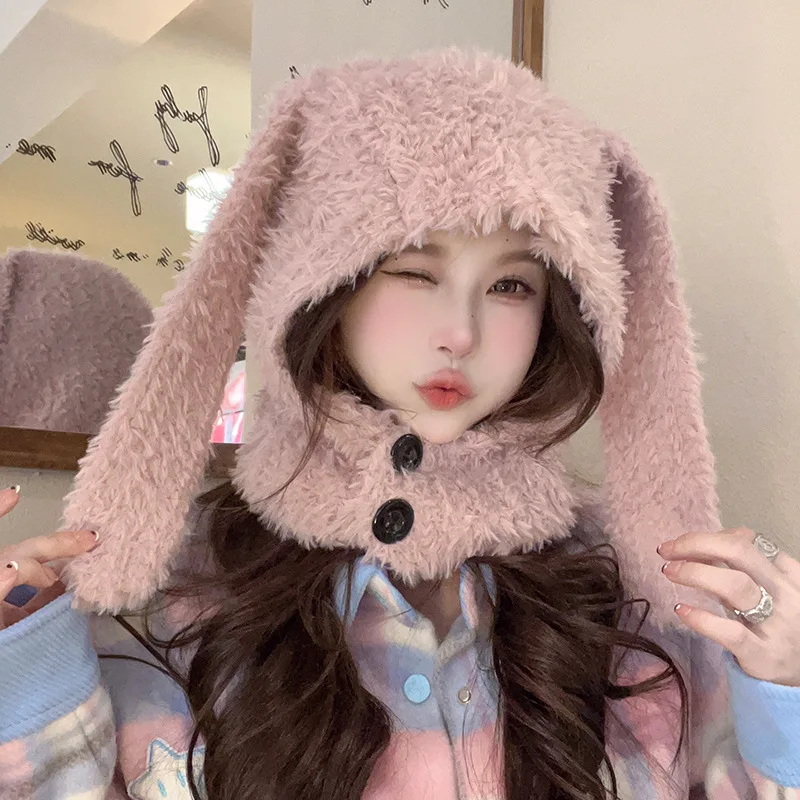 Women Y2K Long Rabbit Ear Plush Hat Fluffy Fur Ear Protection Knit Warm Balaclava Cap JK Korean Girl Pullover Skullcaps Bonnet