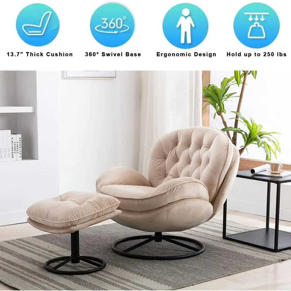 Velvet Swivel Accent Chair with Ottoman Set,Comfy Armchair with 360 Degree Swiveling for Living Room, Bedroom, Reading Room