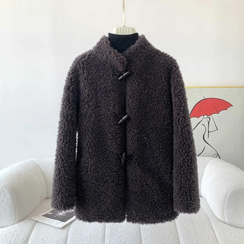 2024 Fall and Winter Stand Lapel Lamb Wool Horn Button Women Jacket Female Sheep Shearling Warm Casual Coat JT467