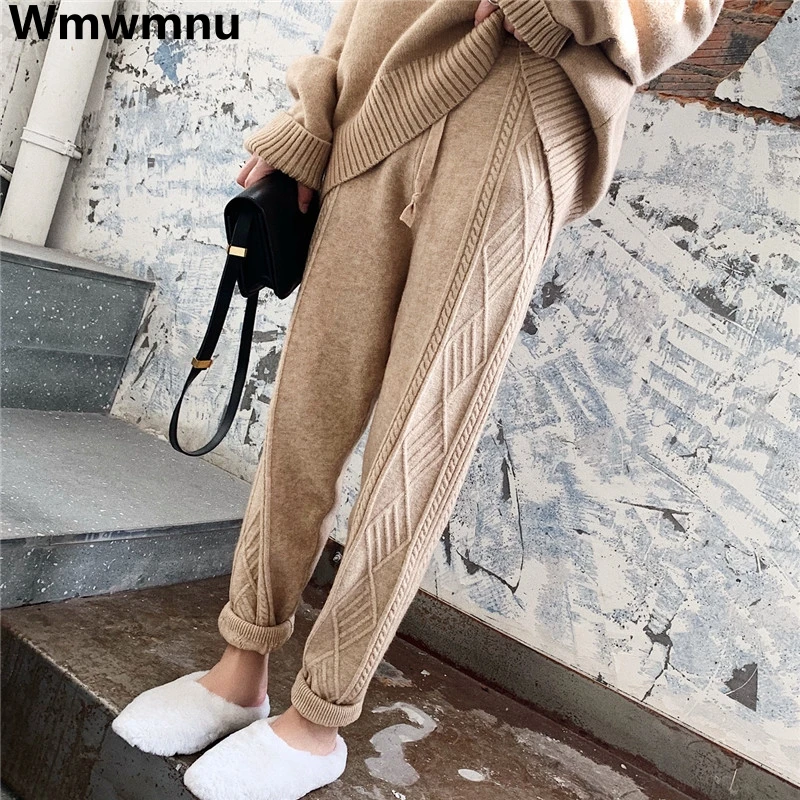 

Winter Thick Warm Knitted Pants Women Casual Ankle-length Sweatpants Twist Korean Harem Pantalones Elastic High Waist Spodnie