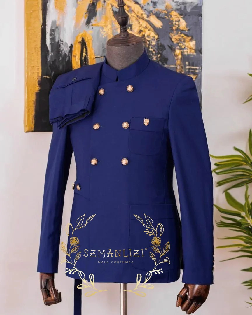 Abiti da uomo formali Giacca da 2 pezzi Pantaloni Set completo Colletto alla coreana doppio petto Abbigliamento maschile blu Costume personalizzato Homme