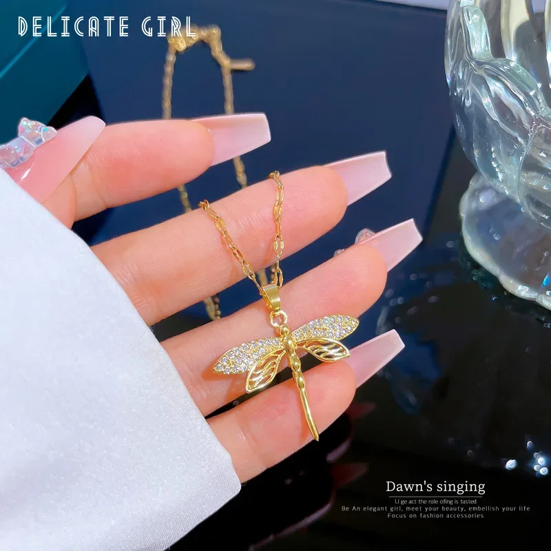 Stainless Steel Cute Zircon Dragonfly Pendant Necklaces for Women Vintage Accessories Gifts for Friends Family