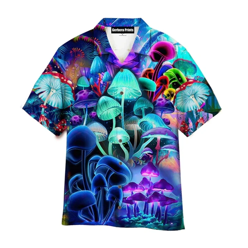 

Colorful Mushroom 3d Print Hawaiian ShirtsFor Men Summer Vacation Plants Beach Shirts Button Short Sleeve Street Aloha Shirt Top