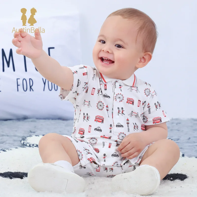 

High Quality Summer Baby Clothes Baby Jumpsuit Cotton Print Short Sleeved Lapel Cartoon Newborn Baby Boys Girls Romper 3-24M