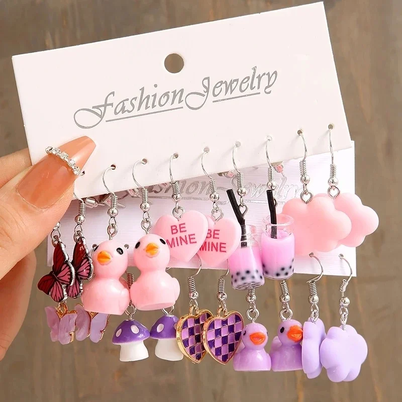 Colorful Butterfly Heart Cartoon Dangle Earrings Set For Women Girl Kids Cute Duck Clouds Resin Drop Earring Jewelry Accessories