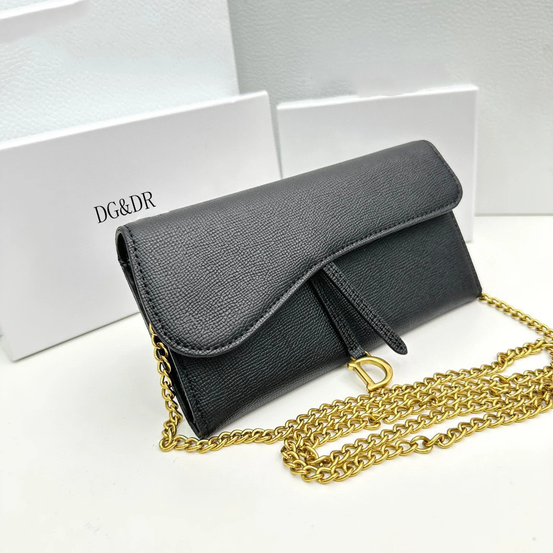 DG&DR new women's bag black goat leather flip cover long saddle wallet chain bag crossbody bag