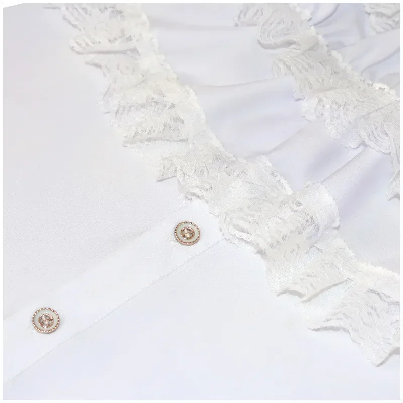 White Cotton & Lace Ruffles Stand Collar Gothic Shirt Men Vampire Pirate Cosplay Clothes Anime Halloween Victorian Medieval Top