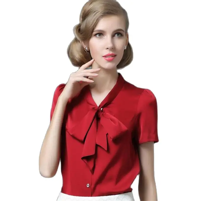 Woman  60% Silk Blouse Female Hot Sale Silk Shirts Lady Ribbon Silk Shirt Women Summer Breathable Stretch Silk Tops 4XL