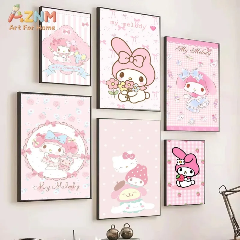 Sanrio My Melody Flower Bouquet Cute Bunny Canvas Wall Art No Frame Poster Sweet Pink Cartoon Print Girls Room Home Wall Decorat