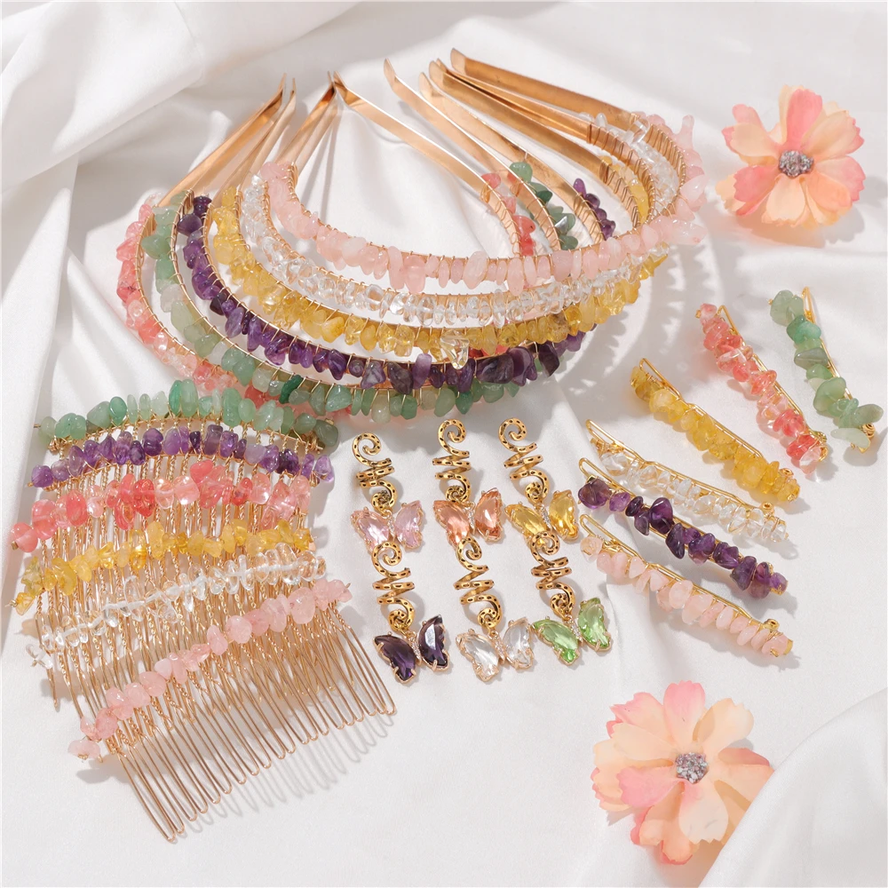 Natural Stone Chip Headband Hairpins Headwear Irregular Stone Hair Combs For Women Girls Wedding Bride Bridesmaid Hair Accessory