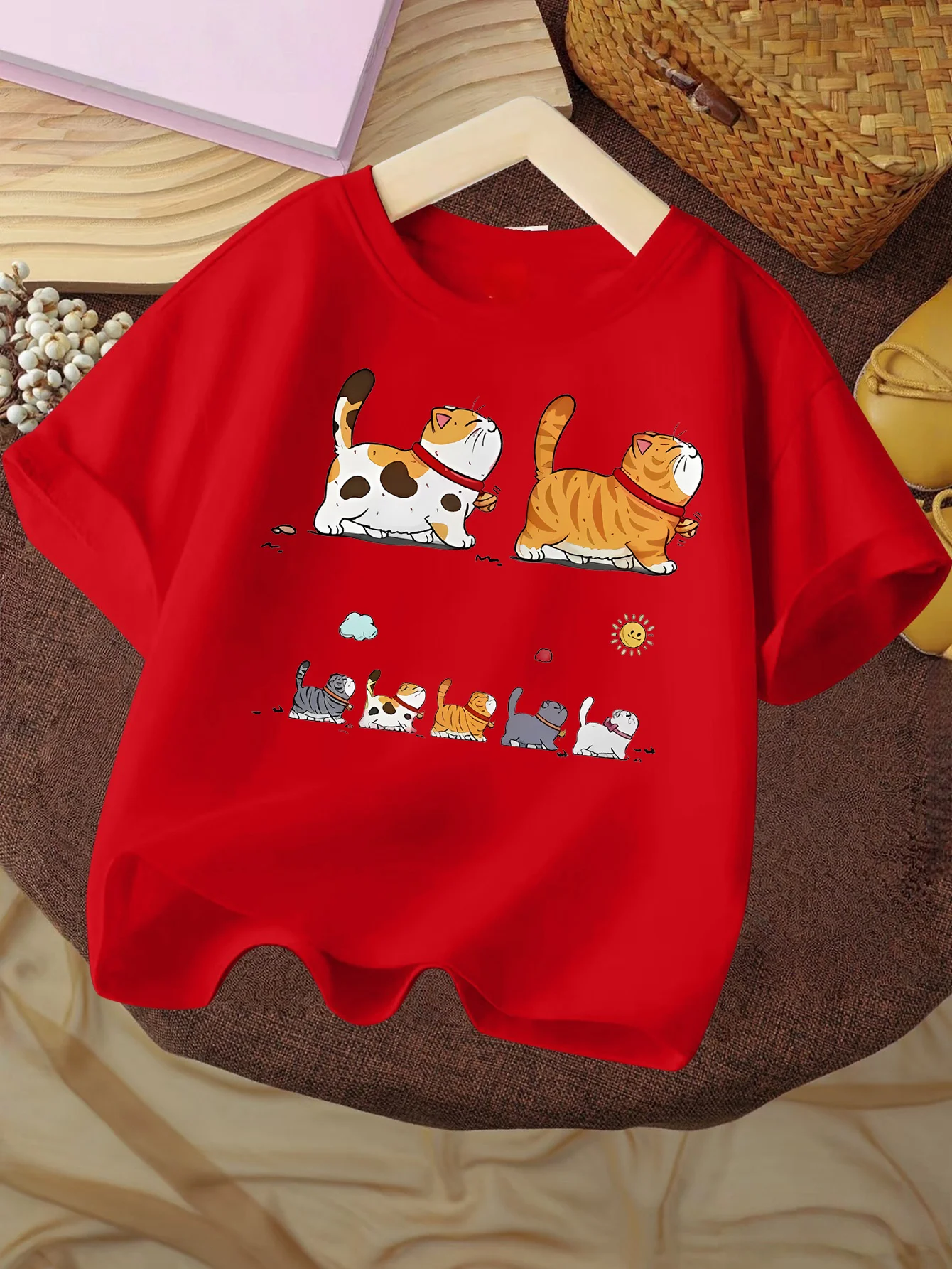 Cartoon Walking Cats Family Lovely Kitten Animal Graphic Print T Shirt Family Matching Boys Girls Kids Short Sleeve Daily Tees
