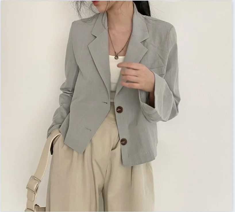 Cotton Linen Blazer Chic  High Street Women Cute Elegant Office Lady Button  Short Coats Jackets Blazers