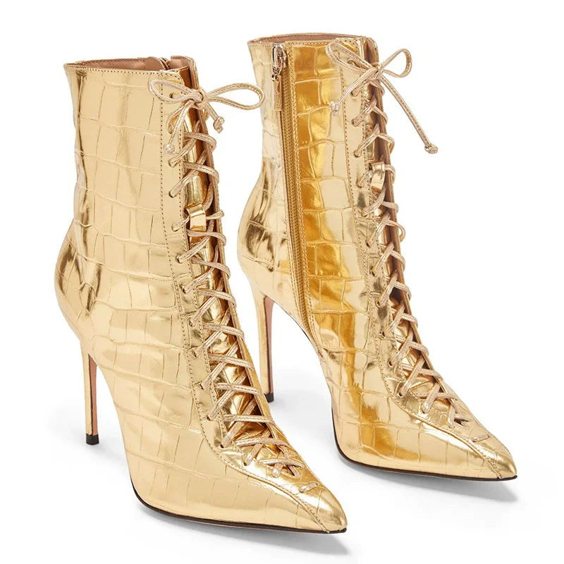 

Autumn and winter pointed leopard print leather lace-up short fashion boots banquet dress large size thin high-heeled women shoe